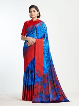 Garden VARELI - Women Blue Crepe Abstract Print Saree with Unstitched Blouse