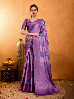 MEENA BAZAAR - Women Purple Festive Art Silk Floral Print Woven Saree Without Blouse