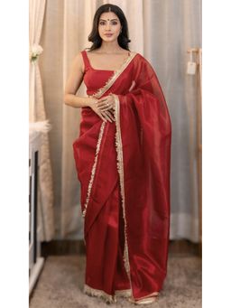 HANDME - Women Red Embellished Saree with Unstitched Blouse