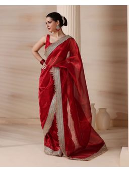 HANDME - Women Red Tissue Embellished/Sequined Pre-draped Saree with Unstitched Blouse