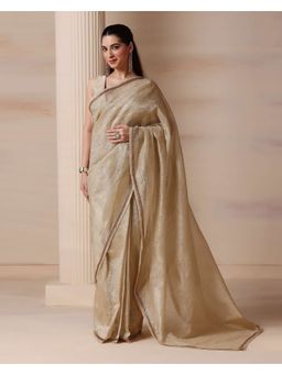 HANDME - Women Gold Tissue Embroidered Pre-draped Saree with Unstitched Blouse