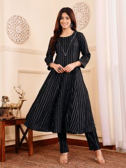 KSUT - Black Women Black Silk Stripes Anarkali Kurta with Pant