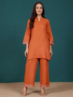 KSUT - Rust Women Rust Cotton Solid Kurta with Pant