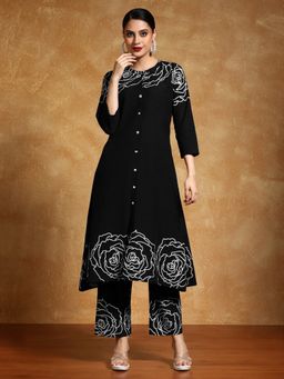 KSUT - Black Women's Black Cotton Embroidered Kurta with Pant