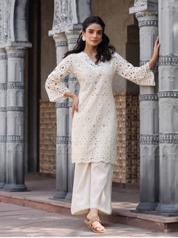 KSUT - White Women White Cotton Embroidered Kurta with Palazzo