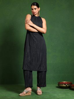 KSUT - Black Women Black Silk Stripes Kurta with Pant