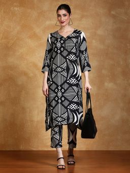 KSUT - Black Women Black Silk Blend Geometric Kurta with Pant