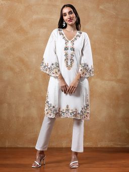 KSUT - White Women White Cotton Embroidered Kurta with Pant
