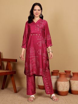 KSUT - Pink Women Pink Chanderi Silk Printed Kurta with Pant