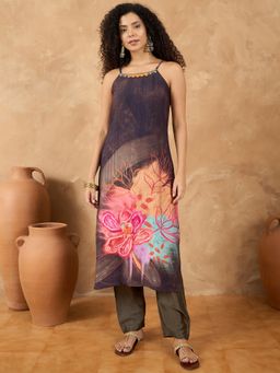 KSUT - Navy Blue Women Navy Blue Silk Blend Floral Kurta with Pant