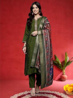 KSUT - Olive Women Olive Embroidered Kurta with Pant with Dupatta