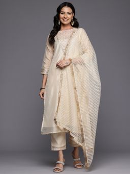 KSUT - Off White Women Silk Blend Woven Kurta with Pant with Dupatta