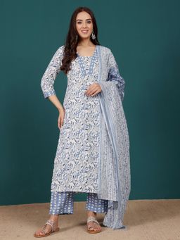 KSUT - Blue Women Blue Cotton Floral Kurta with Pant with Dupatta