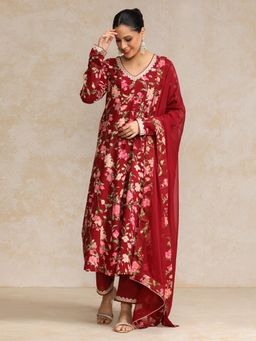 KSUT - Red Women Red Floral Anarkali Kurta with Pant with Dupatta