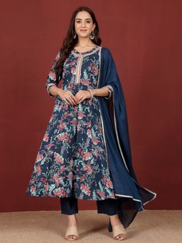 KSUT - Blue Women Blue Cotton Floral Anarkali Kurta with Pant with Dupatta
