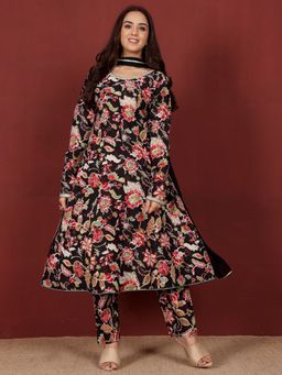 KSUT - Black Women Black Cotton Floral Anarkali Kurta with Pant with Dupatta