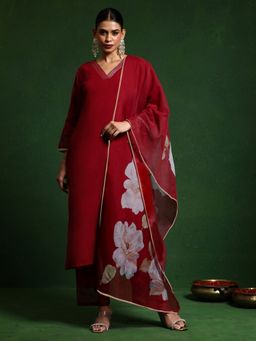 KSUT - Red Women Red Solid Kurta with Pant with Dupatta