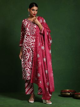 KSUT - Pink Women Pink Cotton Floral Kurta with Pant with Dupatta