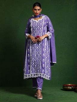KSUT - Purple Women Purple Cotton Embroidered Kurta with Pant with Dupatta