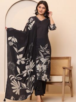 KSUT - Black Women Black Cotton Floral Kurta with Pant with Dupatta