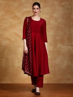 KSUT - Maroon Women Maroon Silk Blend Solid Anarkali Kurta with Pant with Dupatta