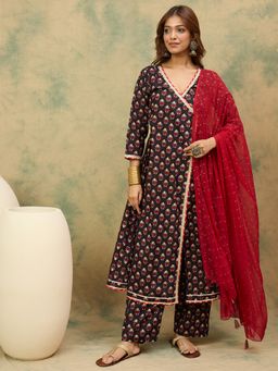 KSUT - Black Women Black Printed Angrakha Kurta with Pant with Dupatta