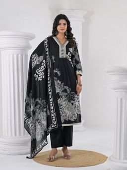 KSUT - Black Women Black Cotton Printed Kurta with Pant with Dupatta