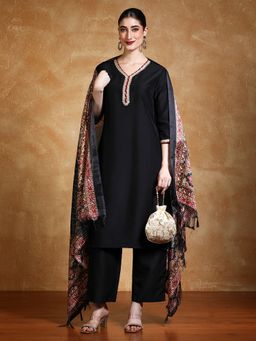 KSUT - Black Women Black Silk Blend Solid Kurta with Pant with Dupatta