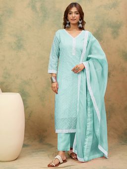 KSUT - Blue Women Blue Embroidered Kurta with Pant with Dupatta