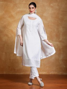 KSUT - White Women White Embroidered Kurta with Pant with Dupatta