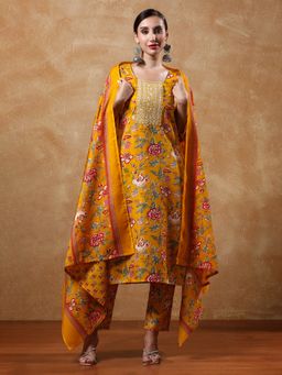 KSUT - Mustard Women Mustard Floral Kurta with Pant with Dupatta