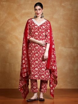 KSUT - Red Women Red Floral Kurta with Pant with Dupatta