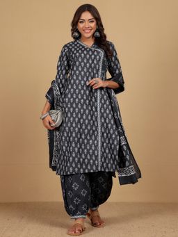 KSUT - Black Women Black Ethnic Angrakha Kurta with Salwar with Dupatta