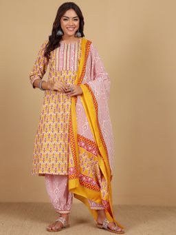 KSUT - Yellow Women Yellow Printed Kurta with Salwar with Dupatta