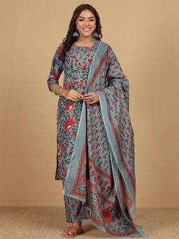 KSUT - Grey Women Ethnic Floral V Neck Kurta with Pant & Dupatta