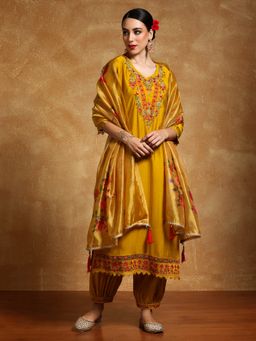 KSUT - Yellow Women Floral Motif Embroidered Yoke Kurta with Salwar & Dupatta