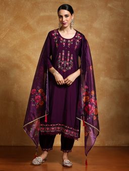 KSUT - Purple Women Floral Motif Embroidered Yoke Kurta with Salwar & Dupatta