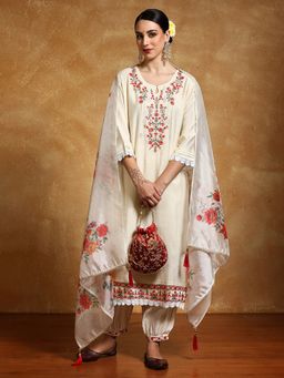 KSUT - Off White Women Floral Motif Embroidered Yoke Kurta with Salwar & Dupatta