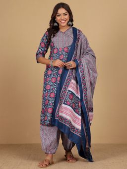 KSUT - Blue Women Ethnic Floral V Neck Kurta with Stripper Salwar & Dupatta