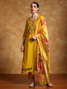 KSUT - Yellow Women Floral Motif Embroidered Yoke Kurta with Pant & Dupatta