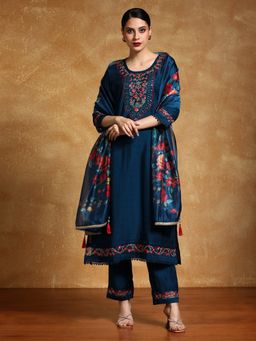KSUT - Blue Women Embroidered Yoke Floral Motif Buta Kurta with Pant & Dupatta