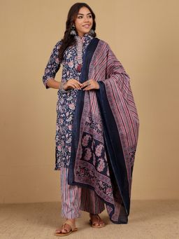 KSUT - Purple Women Floral Mandarin Collar Kurta with Stripper Pant & Dupatta
