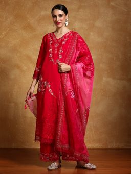 KSUT - Pink Women Floral Embroidered Schffili Hem Kurta with Pant & Dupatta