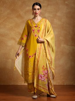 KSUT - Mustard Women Floral Embroidered Schffili Hem Kurta with Pant & Dupatta