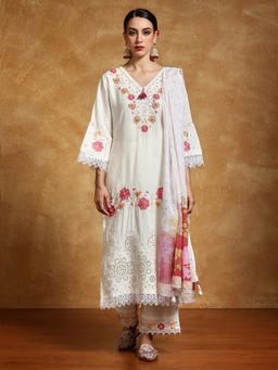 KSUT - Off White Women Floral Embroidered Schffili Hem Kurta with Pant & Dupatta