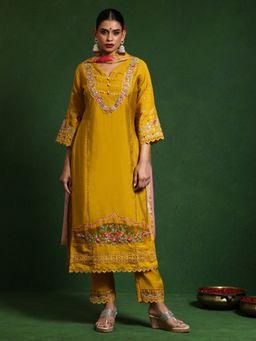 KSUT - Mustard Women Floral Embroidered Schffili Hem Kurta with Pant & Dupatta