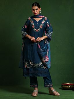 KSUT - Blue Women Floral Embroidered Schffili Hem Kurta with Pant & Dupatta