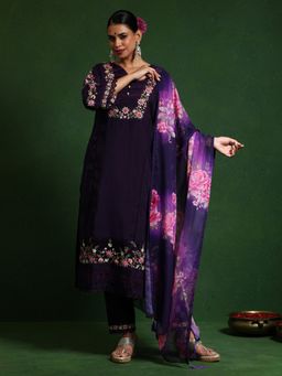 KSUT - Purple Women Floral Embroidered Schffili Hem Kurta with Pant & Dupatta