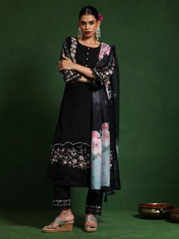 KSUT - Black Women Floral Embroidered Schffili Hem Kurta with Pant & Dupatta
