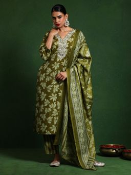 KSUT - Green Women Floral V Neck Kurta with Pant & Dupatta